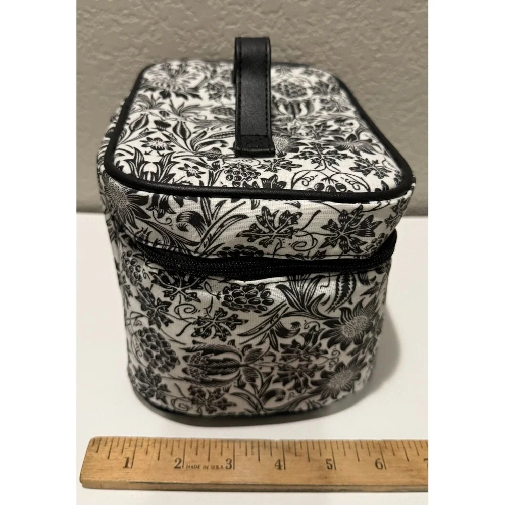 Bella Russo Makeup Bag  Black White Floral Design Zipper Closure Handle Charms
